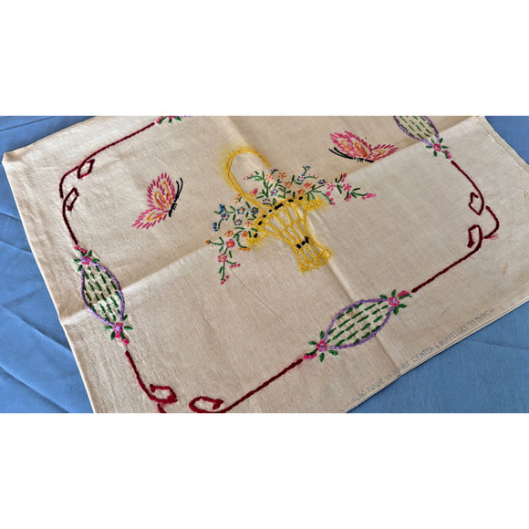 Vintage Embroidery Flower Basket Pillow Cover Case Butterflies 17x16 - Picture 7 of 12